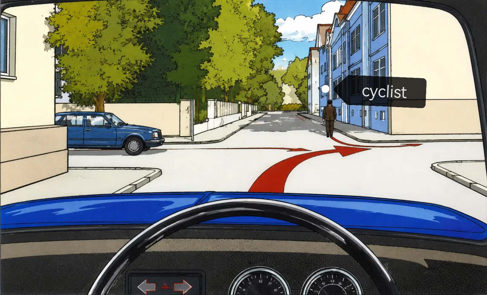 Driver's view intending to turn right at a 4 way junction with a blue car on the left and a cyclist ahead, both intending to turn right